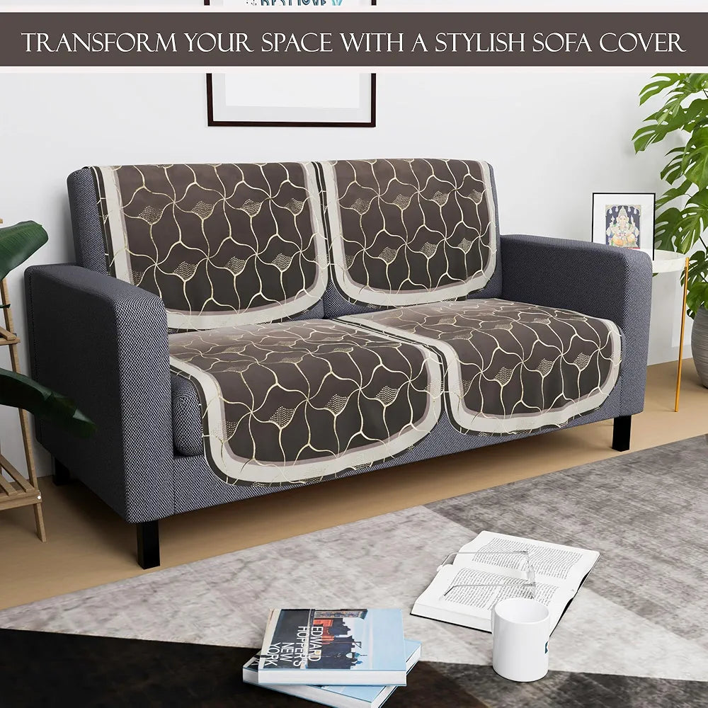 Kuber Industries Set of 4 Durable 2 Seater Sofa Cover for Living Room | Easy Machine Washable Sofe ke cover for Protection & Comfort for Home Furniture | Arabica Look - Brown & Golden Foil